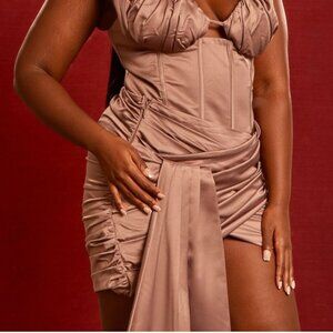 Plus Mocha Constructed Satin Ruched Drape Bodycon Skirt